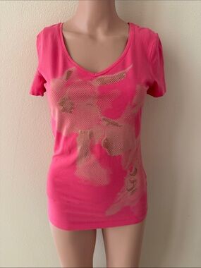 Escada Hot Pink V-Neck Tee with Gold Floral Print